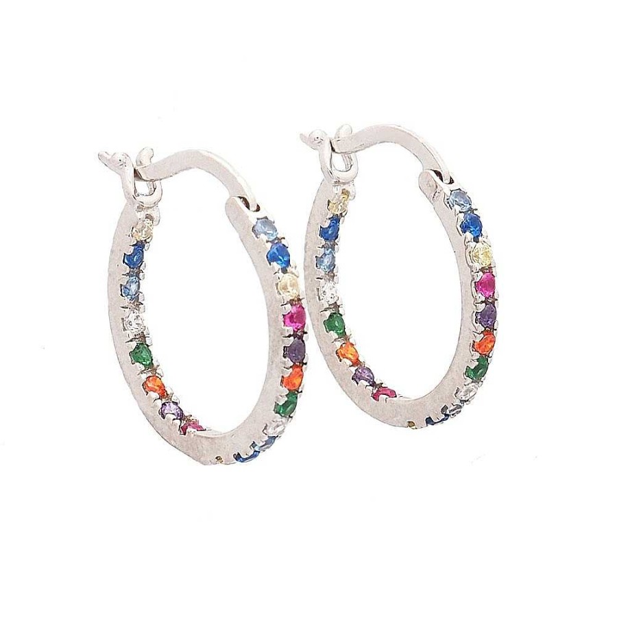 Pendientes Brillo | Pendientes Aro Plata Circonitas Multicolor