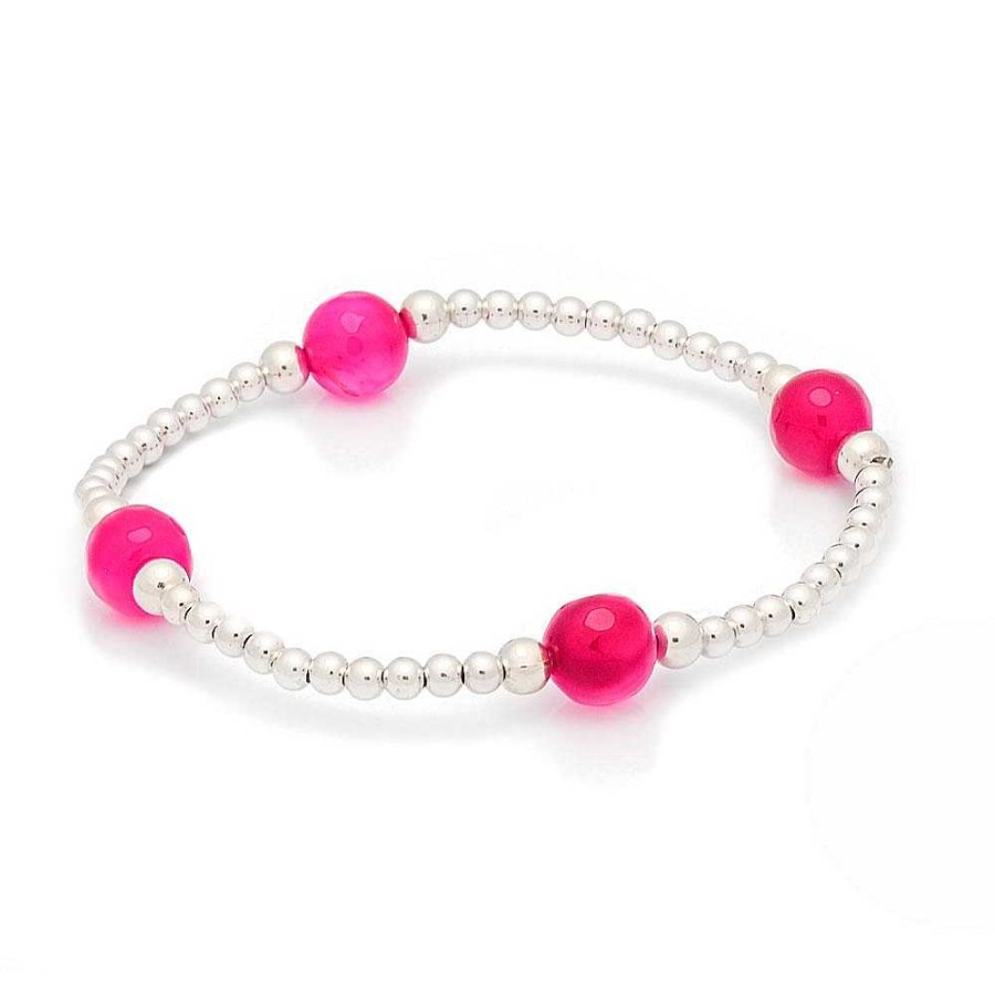 Pulseras Brillo | Pulsera De Plata Bolitas Agata Fucsia