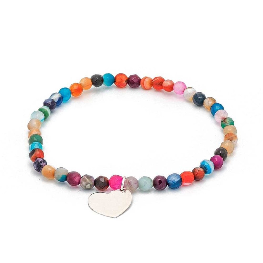 Pulseras Brillo | Pulsera De Plata Agatas Multicolor Corazon