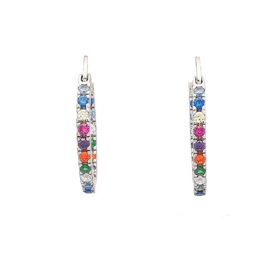 Pendientes Brillo | Pendientes Aro Plata Circonitas Multicolor